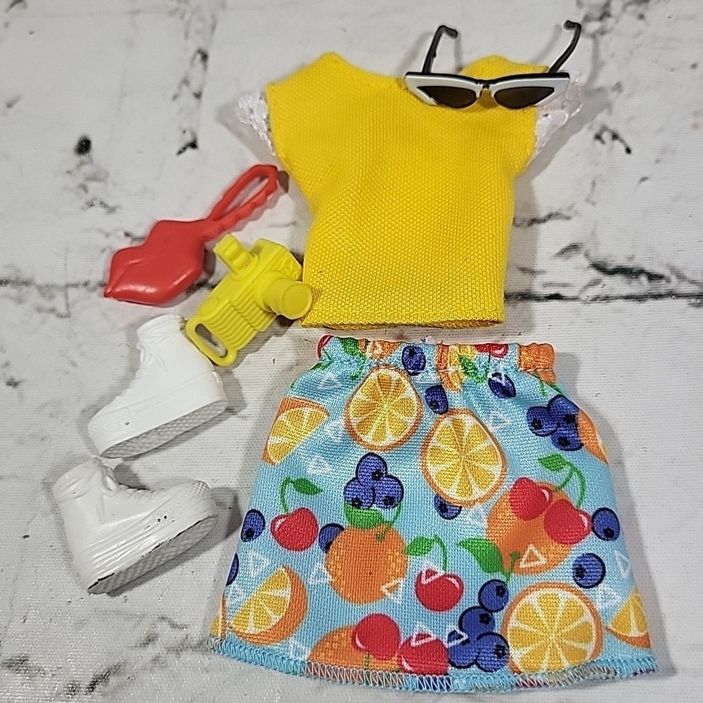Barbie Doll Clothes Lot Summer Outfit Skirt Top Sunglasses Shoes Camera Lips Bag